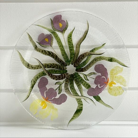 Decorative Fused Glass Painted Floral Glass Dinner Plate 12.5" - Picture 2 of 4